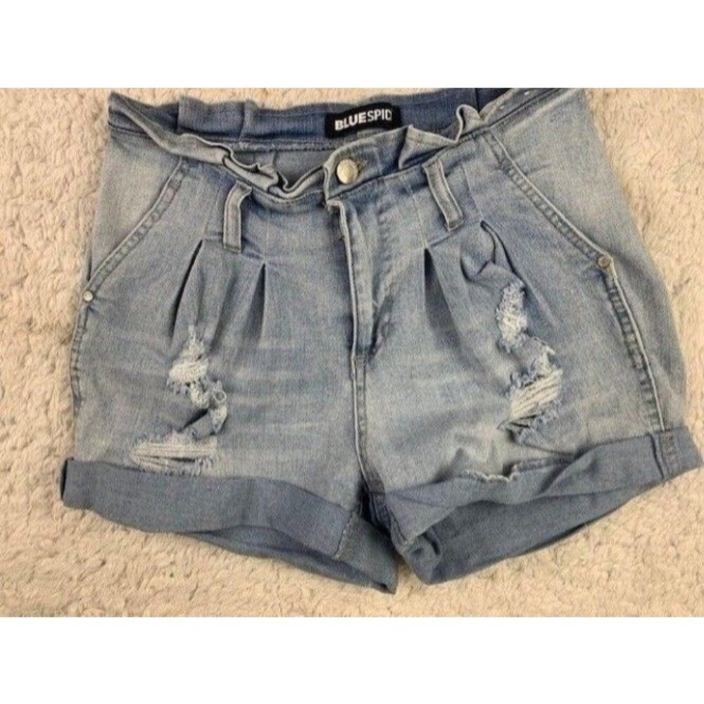 Blue Spice Size 3 Women Short Stretch Light Wash Pleated Front Denim Distress